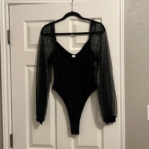 Amazon- WDIRARA women’s polka dots sheet dobby mesh long sleeve body suit- XL
